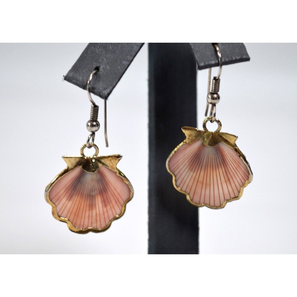 Vintage Shell Pierced Hook Earrings Gilded‎ Shells 1.5"